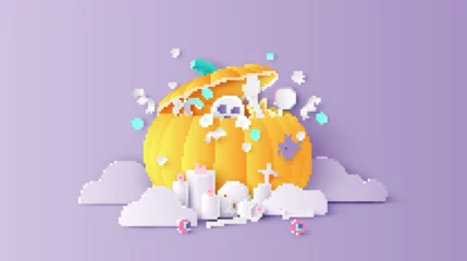 Foto op Aluminium Illustration of pumpkin shape box opened decorated with items for Halloween celebration. Graphic design for Halloween. paper cut and craft style. vector, illustration. © ibom