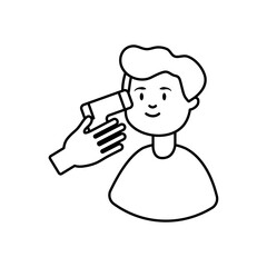 cartoon man and hand with infrared thermometer, line style