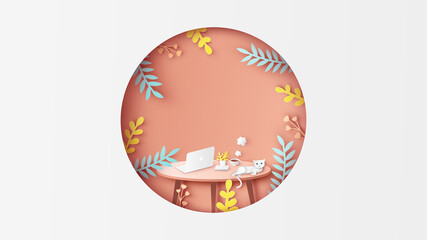 Autumn workspace with notebook, book, coffee cup and cat on the top brown table in circle frame decorated with colorful leaves. paper cut and craft style. vector, illustration.