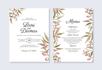 Minimalist wedding intvitation template with hand painted watercolor foliage