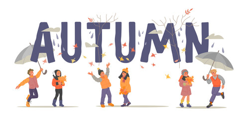 Naklejka premium Autumn web banner or poster background with children playing with leaves and walking under umbrella, flat vector illustration. Teens boys and girls characters in front of big word Autumn.