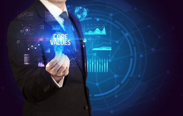 Businessman holding lightbulb with CORE VALUES inscription, Business idea concept
