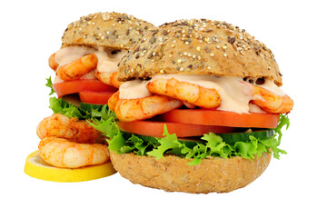 Tiger prawn and salad sandwich rolls with Marie Rose sauce isolated on a white background