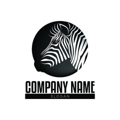 Black and white zebra logo design. Cute zebra animal side portrait. Gray shades of animal logo in circle shape. Zebra logo design vector template. Animal simply vector