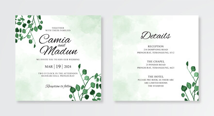 Minimalist wedding invitation template with hand painted watercolor splash and leaves