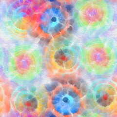 Fototapeta na wymiar Seamless Tie Dye Spiral Fashion Print Pattern Swatch. High quality illustration. Digitally rendered artistic dye bleed effect for printing on any surface. Psychedelic hippie repeat background design