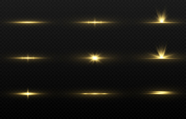 Magic gold glow set. Flashes of sparks, light on an isolated transparent background. Glowing lines. Christmas set. - obrazy, fototapety, plakaty