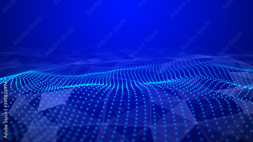 Poster abstract wave of many points. network of lines, points and triangles. futuristic background illustra