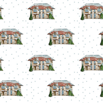 Watercolor snowy house in the form of a seamless pattern for textile, wrapping paper prints.