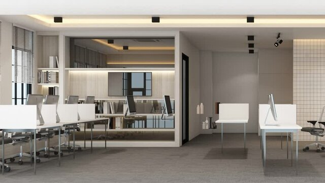 Working area in modern office with carpet floor and meeting room. interior 3d rendering