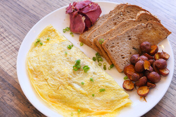 Tasty healthy sandwich with egg, potato and bread on pate 