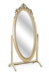 Decorative standing mirror on white background