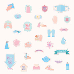 icon set of covid19 pandemic stickers with background pink