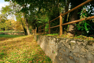 Stone wall in perspective in a park with wooden fences at the top. Vegetation and trees in the background. 