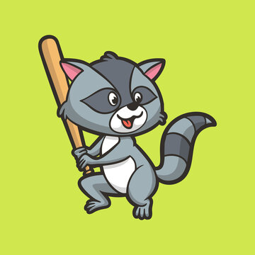 cartoon animal design raccoon holding a baseball bat cute mascot logo