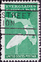 USA - Circa 1947 : a postage stamp printed in the US showing an outline of the state of Florida, highlighting the park area, and a great white heron