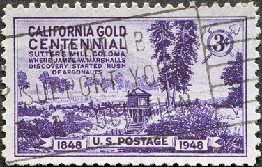 USA - Circa 1948 : a postage stamp printed in the US showing the famous Sutter’s Mill in Coloma....