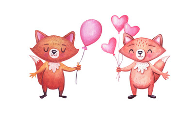 Cute watercolor foxes for birthday party with balloon. Set of characters on white. Animals for celebrations.