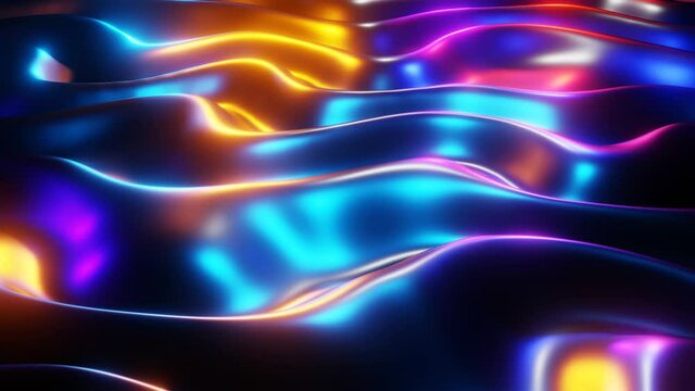 Abstract background 3D illustration, liquid metal dynamic waves with neon colors motion graphics, looped 4K animation.