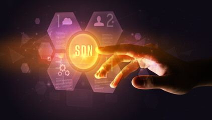 Hand touching SDN inscription, new technology concept