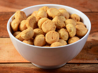 Indian tea time Breakfast jeera butter Khari on white bowl, selective focus