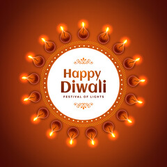 Decoration of illuminated oil lamps (Diya) and text for Happy Diwali celebration. Vector Design.