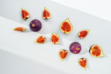 Bright juicy ripe figs on a white background cut into pieces. The concept of healthy food.
