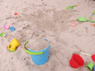 Fototapeta na wymiar there are many kinds of toys in the Children's bunker for the joyful and creative concept of white sandpit 