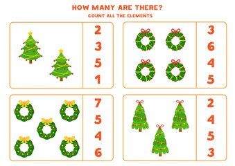 Counting game with wreaths and Christmas trees.