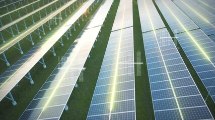 Digital network beams travel across an array of solar panels. Animated overlay of modern energy generation against climate change. Photovoltaic cell, solar collector Energy.