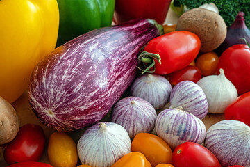 delicious eggplants, garlic, tomatoes, peppers and mushrooms