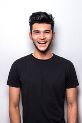 Happy healthy laughing man in black t shirt mock up