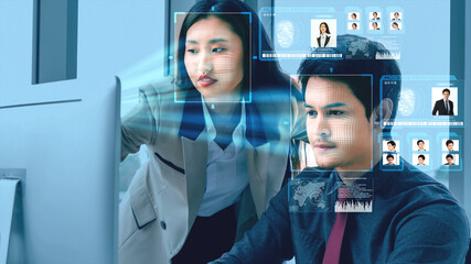Facial recognition technology scan and detect people face for identification . Future concept interface showing digital biometric security system that analyze human face to verify personal data .