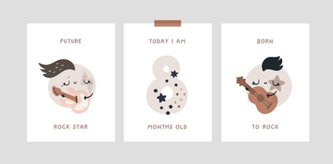 Milestone card for newborn girl or boy with with cartoon planets, moons. Rock star, music theme design elements for kids. Rock a bye baby.  Baby step cards. Hello I am new here. Baby shower print