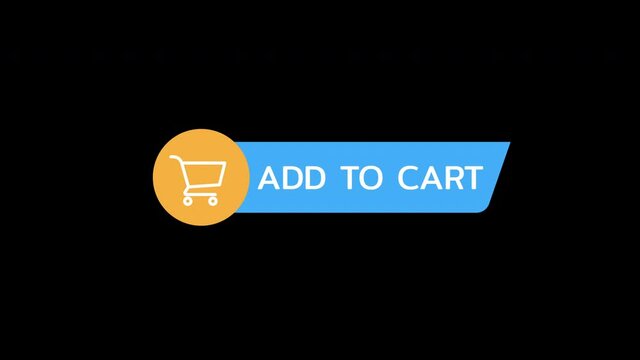 Close up shot animation of shopping cart icon, graphic motion on computer screen with words add to cart. Online commodity on shopping web page user interface. 4k footage 60 fps.