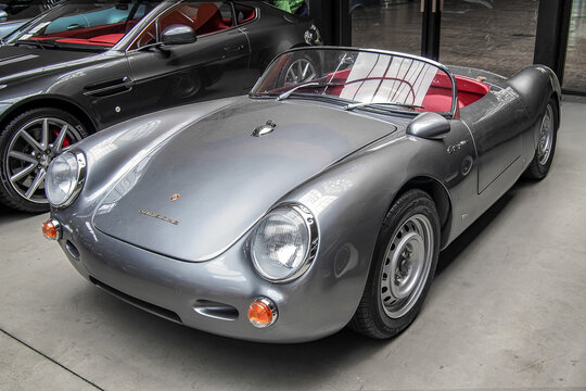 BERLIN, GERMANY-JULY 30, 2016: Silver 1955 Porsche 550 Spyder 