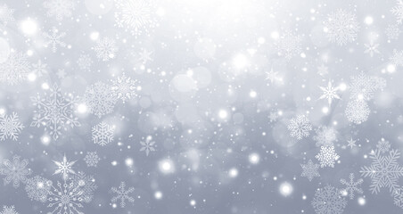 Winter silver and white gradient bokeh background with circles and snowflakes