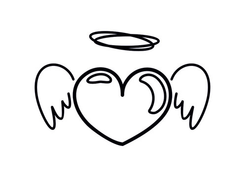Black heart with wings and a halo on a white background
