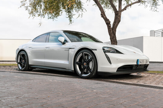 BARCELONA, SPAIN-OCTOBER 9, 2020: 2020 Porsche Taycan 4s (all-electric car, Mission E) at City Streets