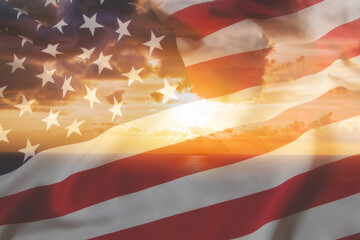 American transparent flag over the sunrise in the background, refer to the nation U.S.A. pride and freedom hope in business world abstract concept