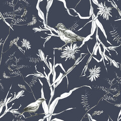 Illustration, pencil. A pattern of leaves and branches of plants, birds. Freehand drawing of flowers on a dark gray background.