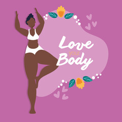Obraz na płótnie Canvas love your body lettering with afro woman and flowers perfectly imperfect