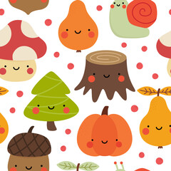 Autumn seamless pattern, cute drawing cartoon characters, vector set of autumn, acorn, snail, pumpkin, pear, mushroom, pine tree. nursery seamless pattern, scandinavian thanksgiving day