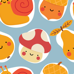 Autumn seamless pattern, cute drawing cartoon characters, vector set of autumn, acorn, snail, pumpkin, pear, mushroom, pine tree. nursery seamless pattern, scandinavian thanksgiving day