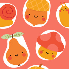 Autumn seamless pattern, cute drawing cartoon characters, vector set of autumn, acorn, snail, pumpkin, pear, mushroom, pine tree. nursery seamless pattern, scandinavian thanksgiving day