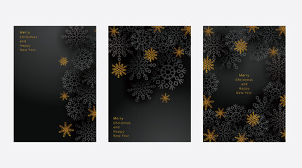 Concept of Merry Christmas and Happy New Year posters set. Design templates on dark background with black and gold snowflakes for celebration and season decoration.