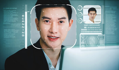 Facial recognition technology scan and detect people face for identification . Future concept interface showing digital biometric security system that analyze human face to verify personal data .