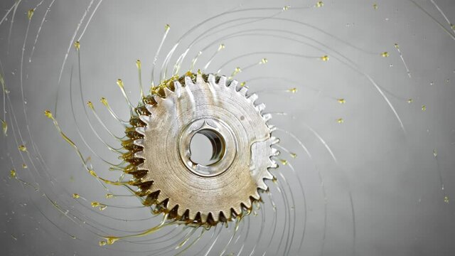 Super Slow Motion Shot of Rotating and Splashing Metal Cogwheel on Grey Background at 1000 fps.