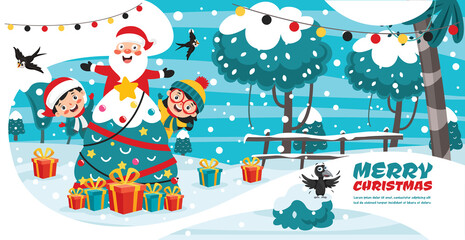 Obraz na płótnie Canvas Christmas Greeting Card Design With Cartoon Characters
