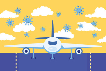 travel safe campaign poster with airplane and covid19 particles